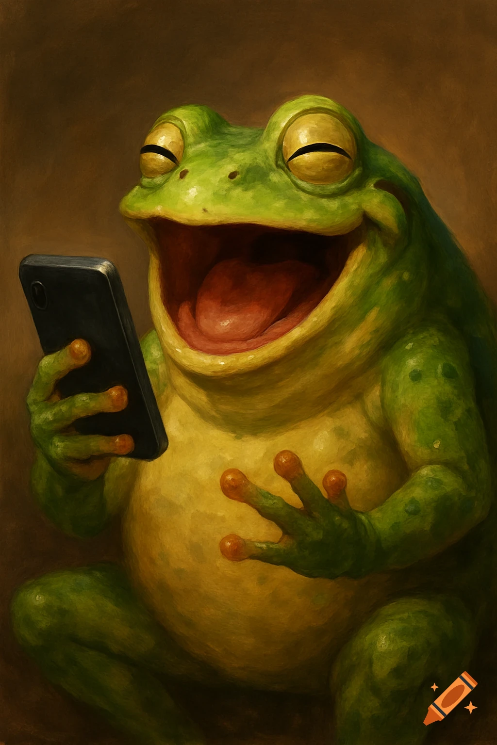 A laughing green frog holds a smartphone, painted art style.