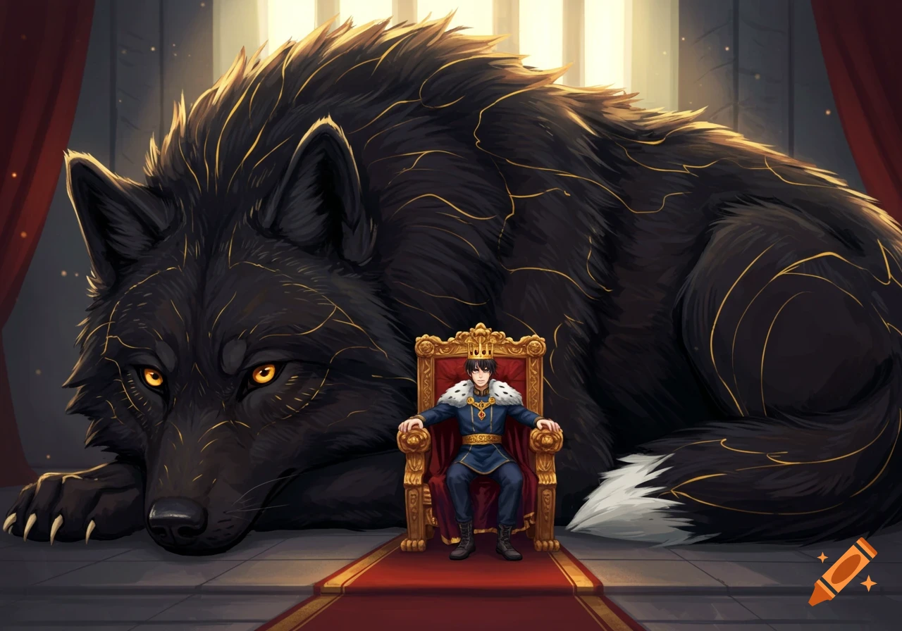 Anime-style illustration of a young king sitting on a throne with a giant black wolf laying beside it.