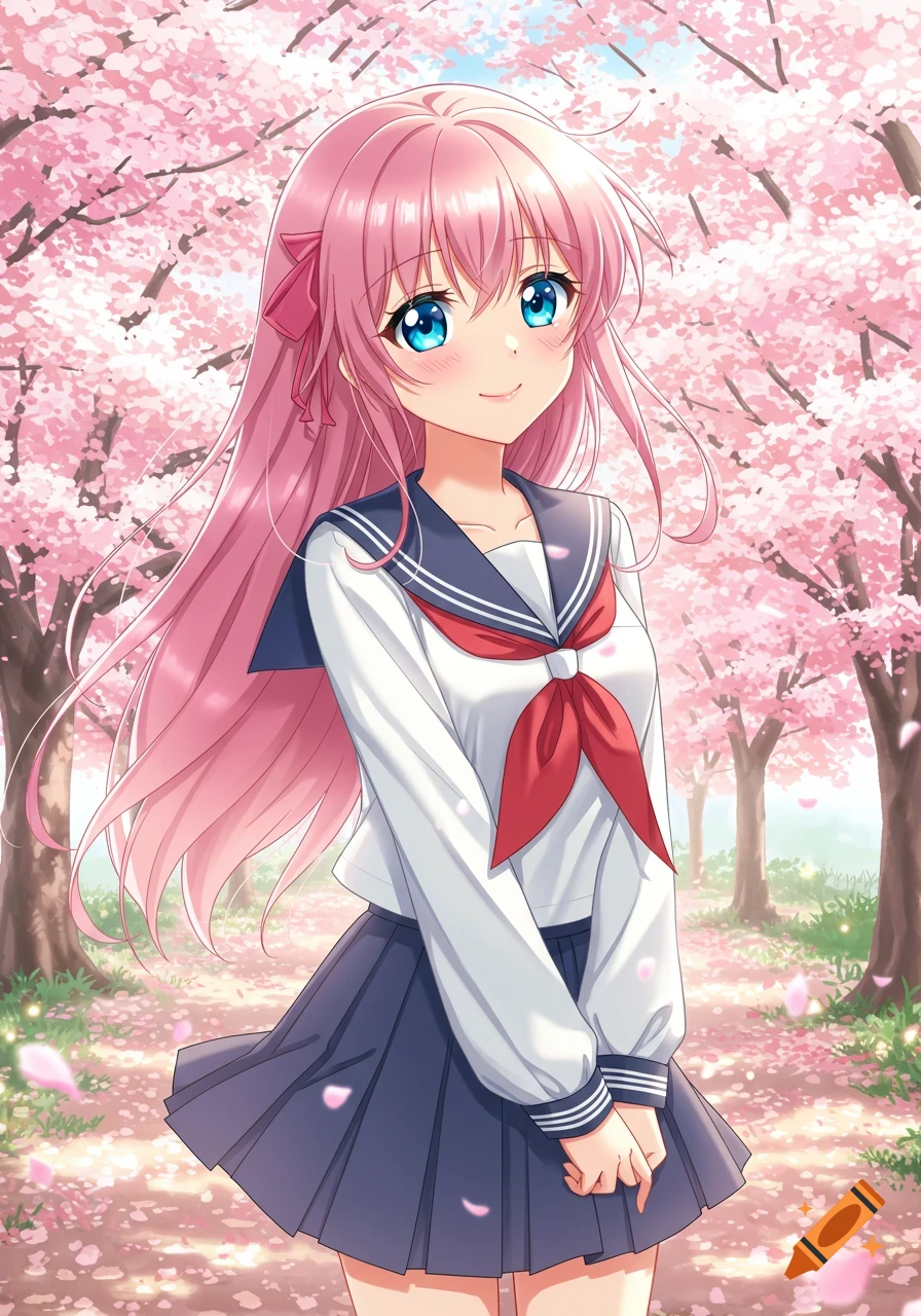 Anime girl with pink hair in school uniform standing under cherry blossom trees.