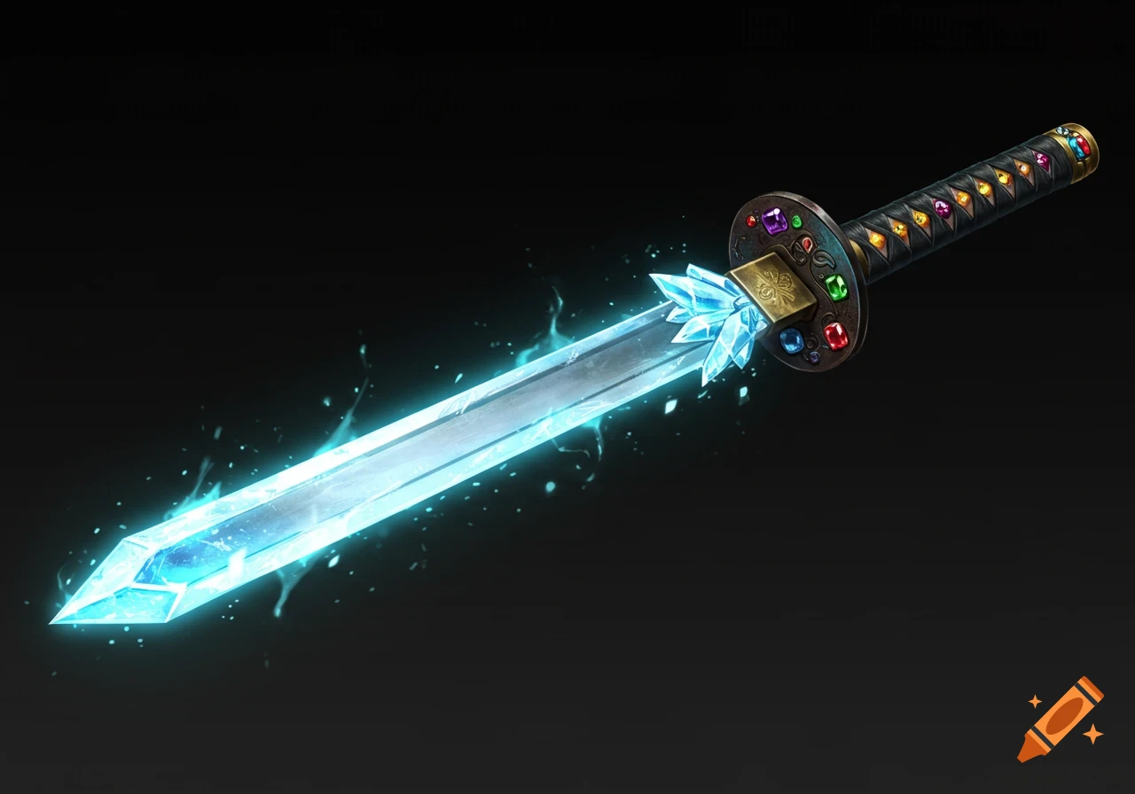 An ancient katana with a glowing blue crystal blade and a hilt encrusted with colorful gems against a dark background.