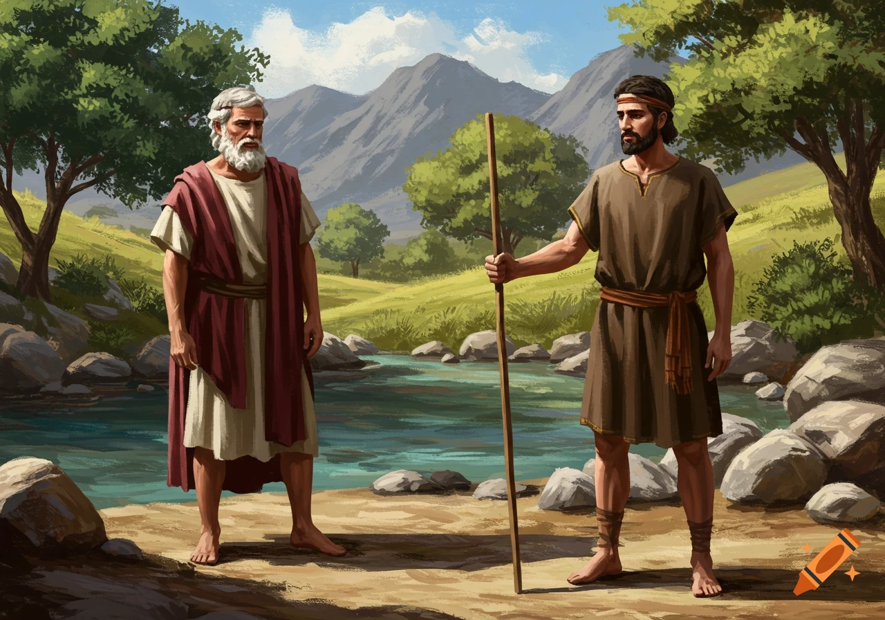 Illustration of two men in ancient robes by a stream in a mountainous landscape.