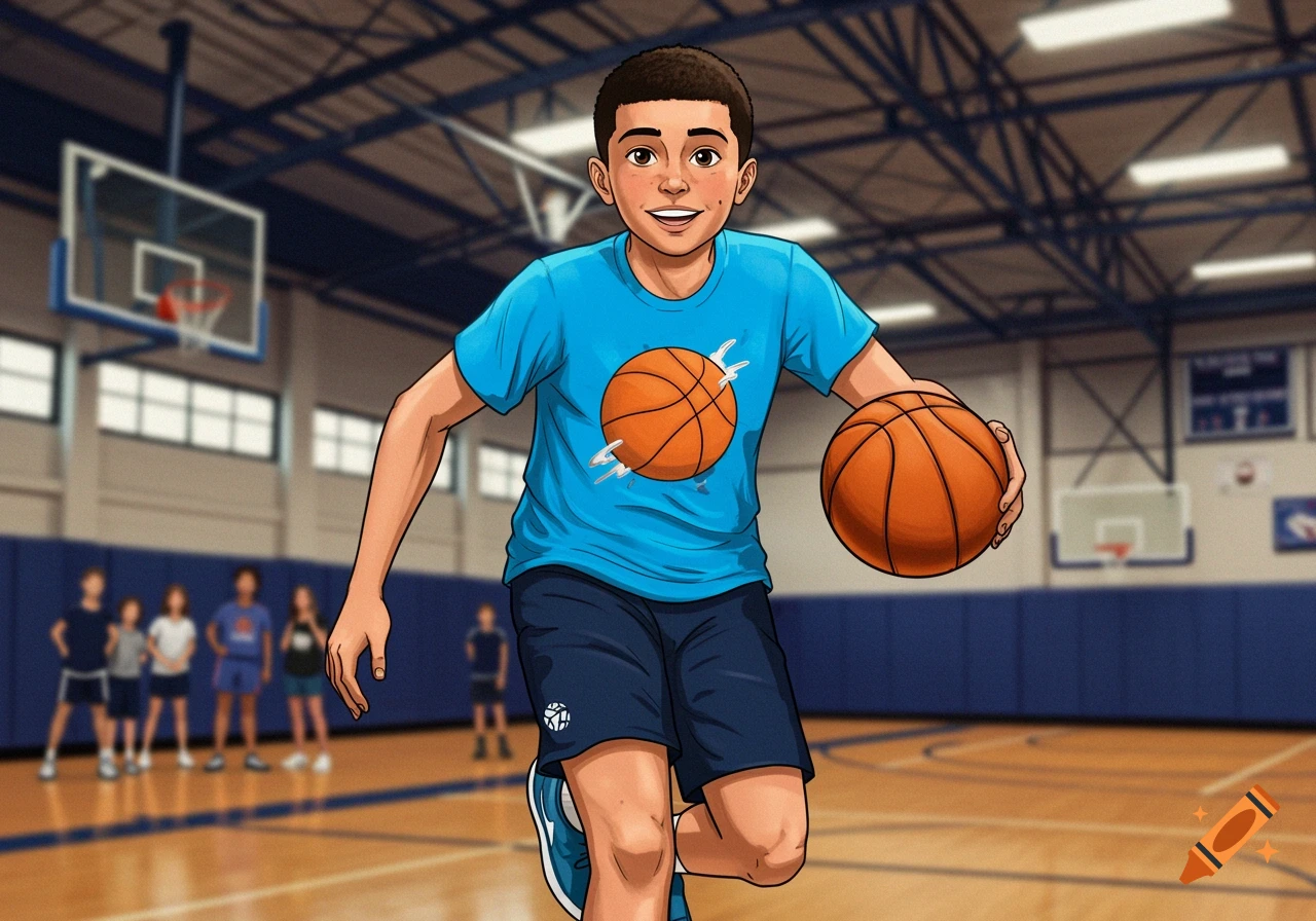 A boy dribbling a basketball in a gymnasium.