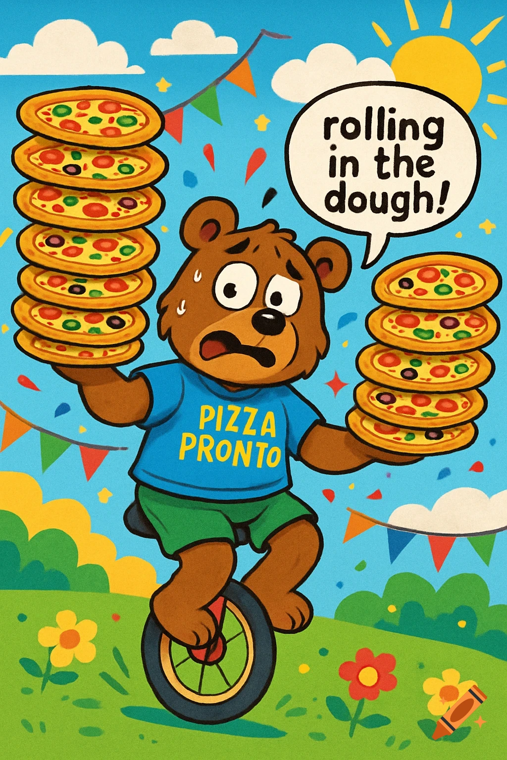 Cartoon bear on a unicycle balances tall stacks of pizza, looking nervous, with a speech bubble saying "rolling in the dough!" The scene is a colorful celebration with bunting and confetti.