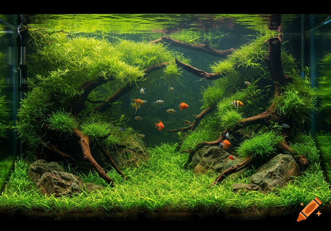 Photorealistic image of a freshwater aquarium filled with lush green plants, driftwood, rocks, and various colorful fish.