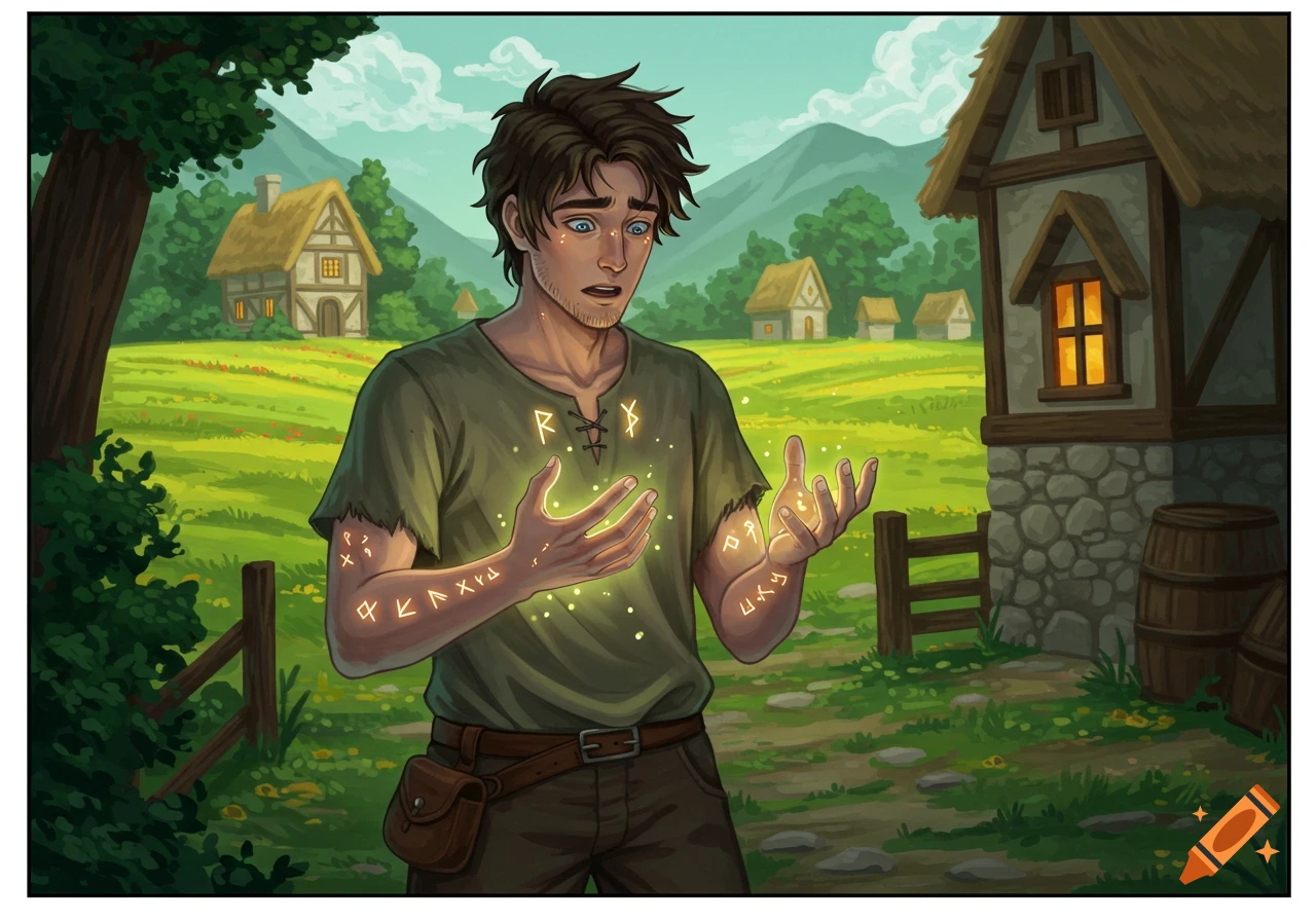 A man looks at glowing runic symbols appearing on his hands in a fantasy village.