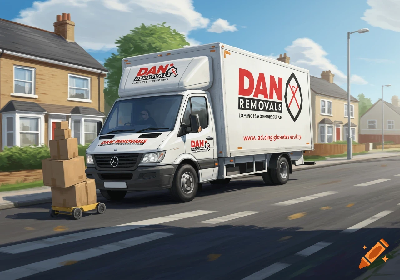 Illustrative view of a white removal truck with 'DAN REMOVALS' logo parked on a street with boxes on a trolley.