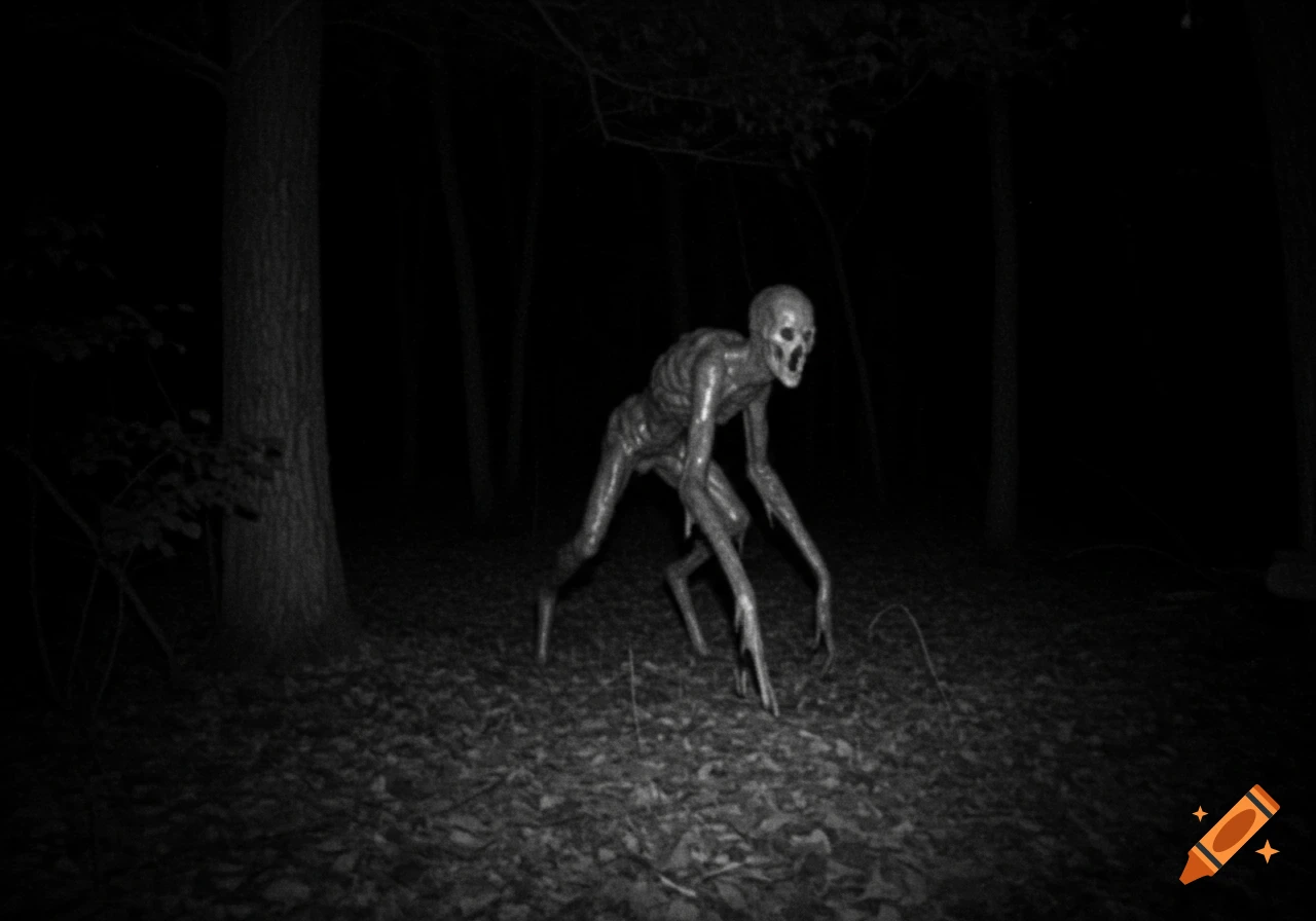 Grainy, black and white trail cam photo of a creepy skeletal monster standing in a dark forest at night.