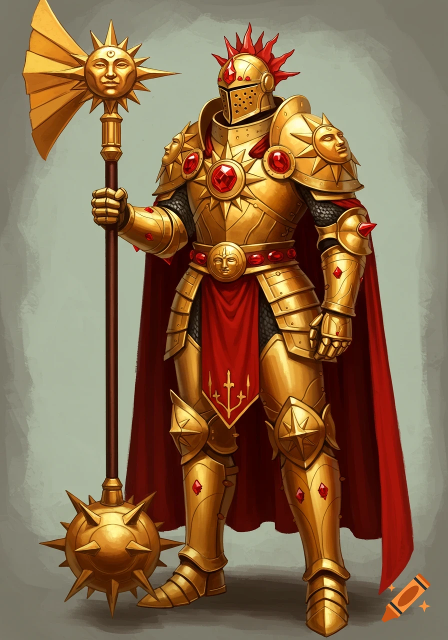 A fantasy knight in golden armor and red cape holding a sun-themed axe/mace.