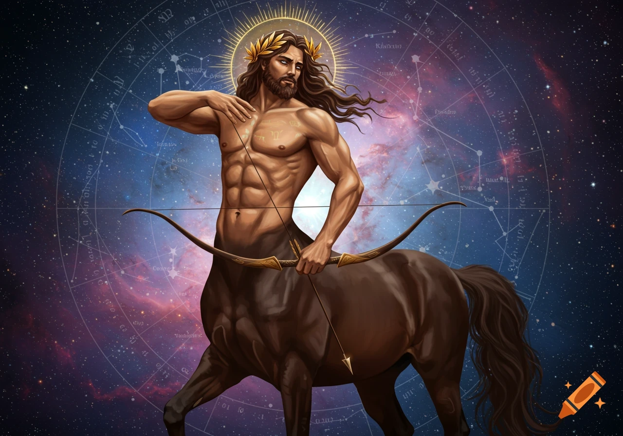 A muscular male centaur archer stands against a starry sky with a zodiac wheel, representing Sagittarius.