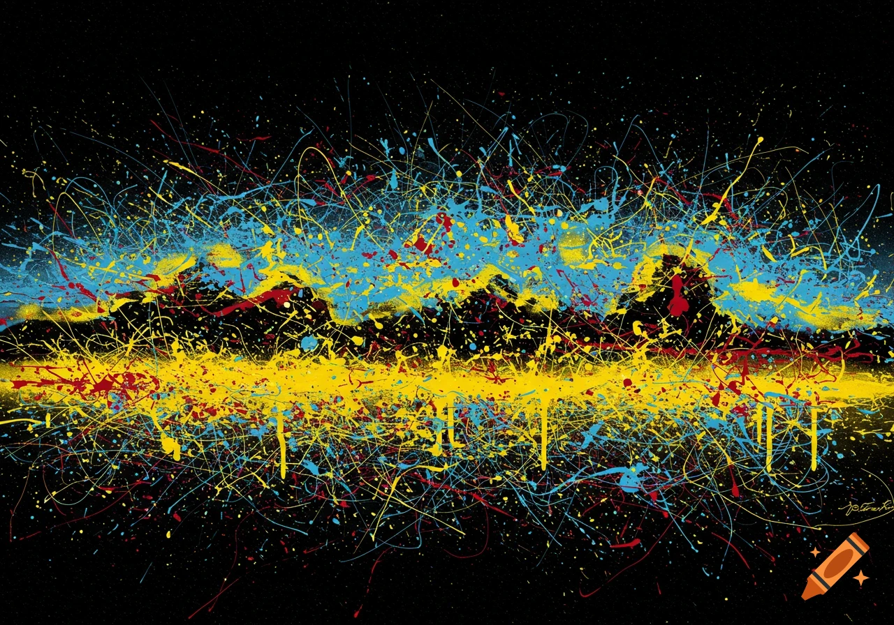 Abstract painting with yellow, blue, and red paint splashes on black.