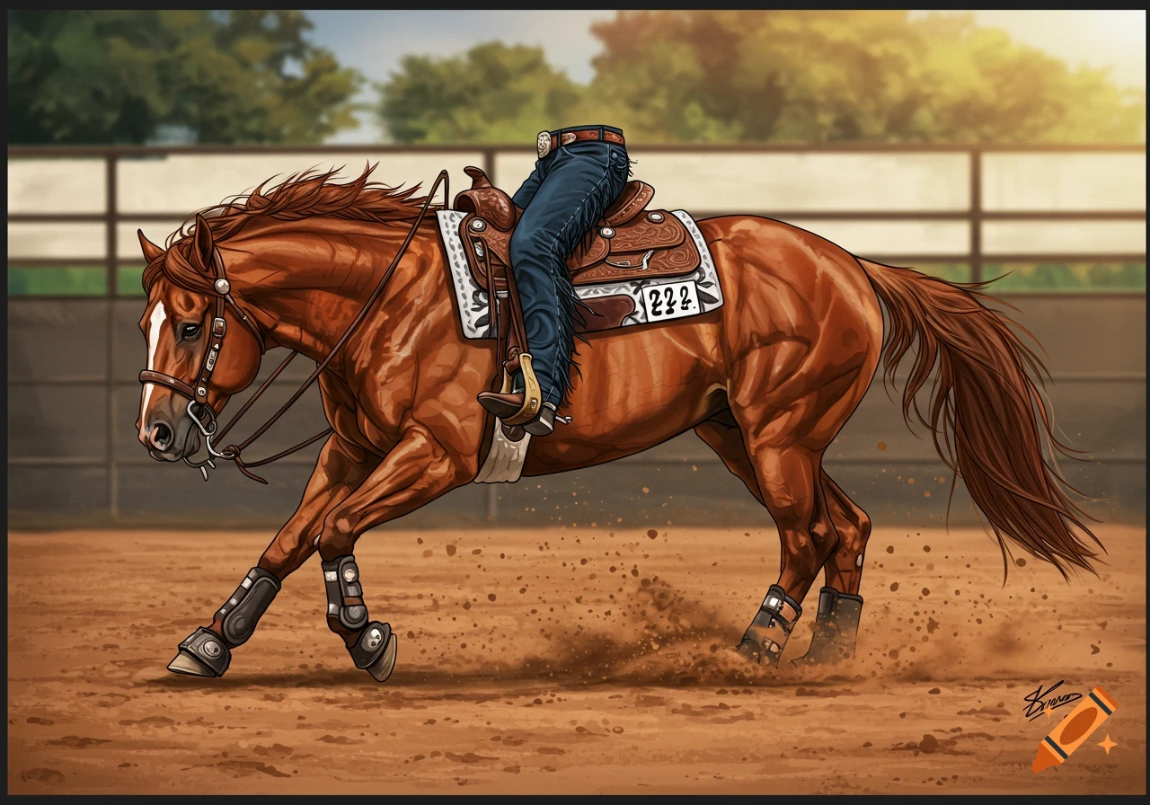 Detailed illustration of a brown reining horse and rider performing a slide stop in an arena, kicking up dust.