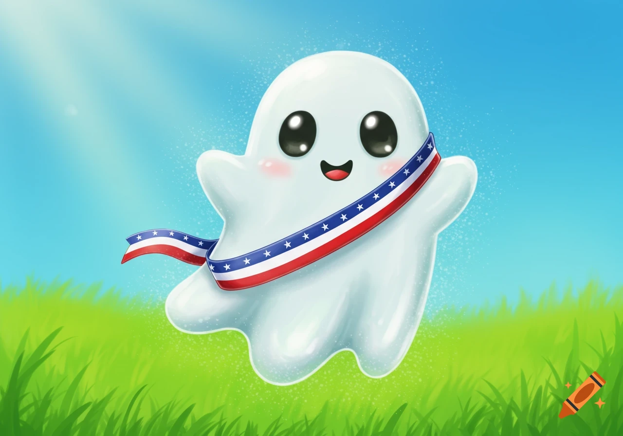 A cute, smiling ghost wears an American flag ribbon and floats above green grass under a blue sky.