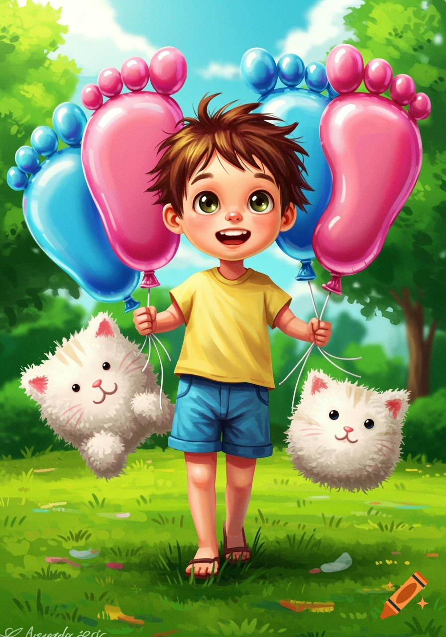 Cartoon boy smiles holding foot balloons and fluffy cat balloons in a park.