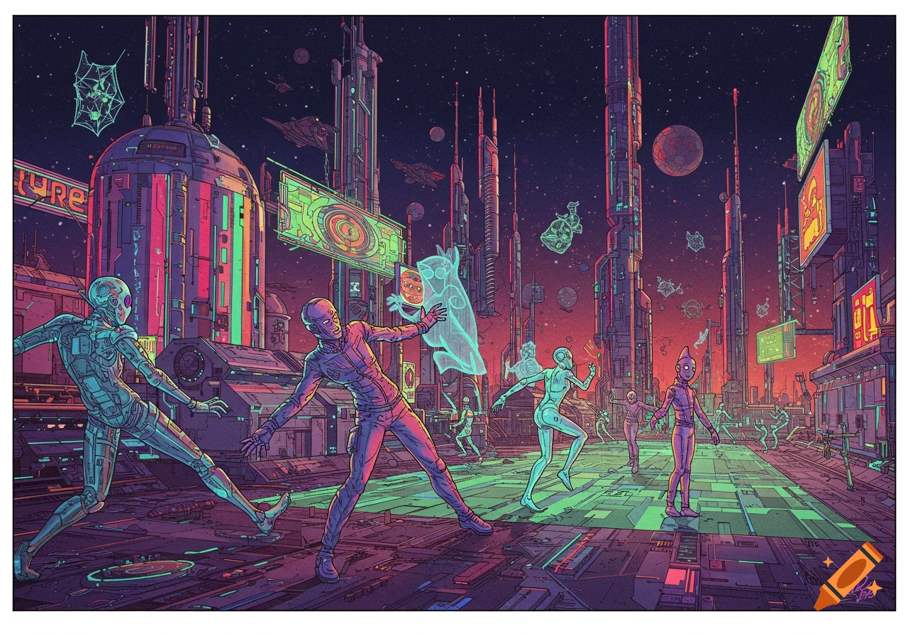 Illustration of alien-like figures interacting in a vibrant futuristic cityscape at night.