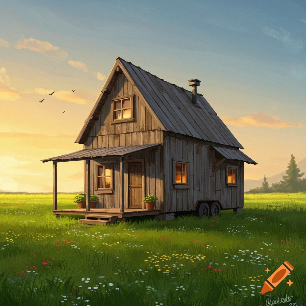 A rustic tiny house on wheels sits in a grassy field with wildflowers under a sunset sky, digital painting style.
