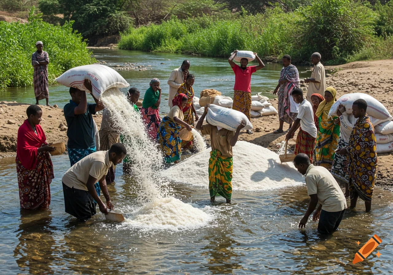 Group of people pouring white material from bags into a river, outdoors scene.