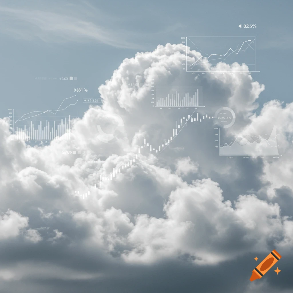 Data charts and graphs overlaid on realistic clouds.