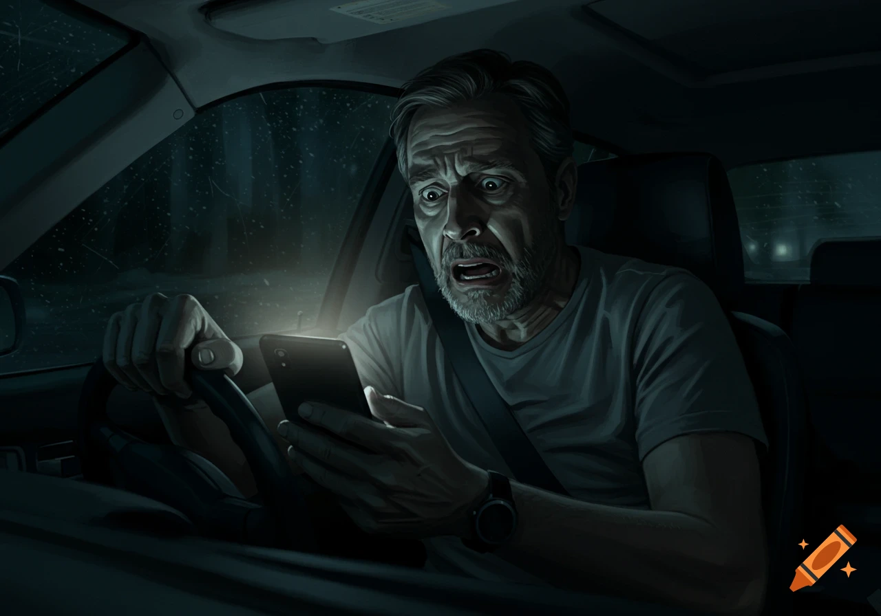 Illustration of a scared man looking at his phone while driving at night.
