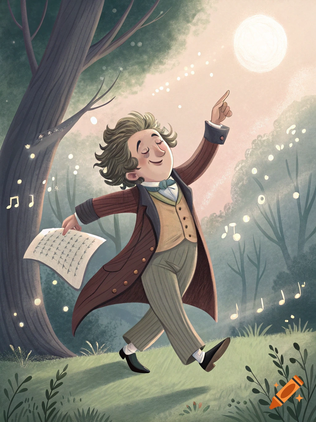 Illustration of Beethoven dancing in a forest at night, holding sheet music, with floating notes and glowing lights.