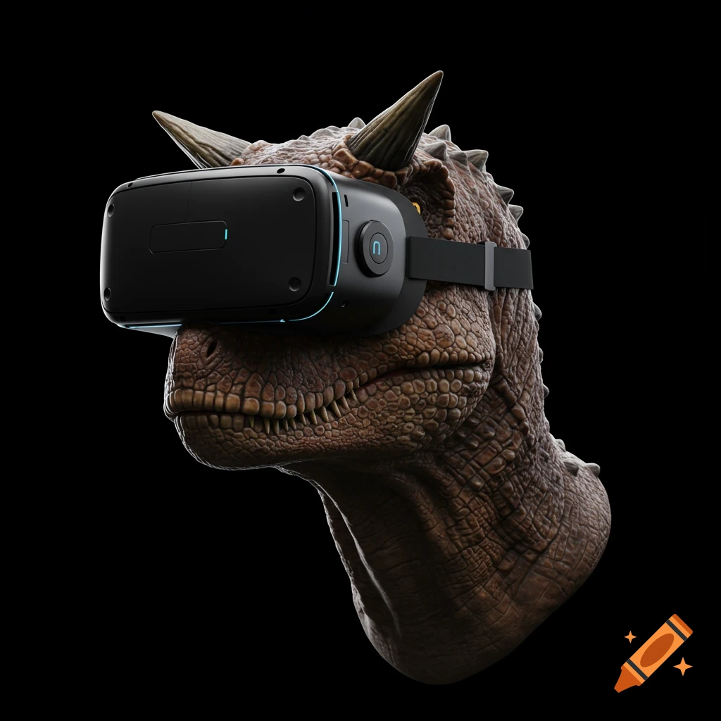 A realistic rendering of a Carnotaurus dinosaur head wearing a VR headset.