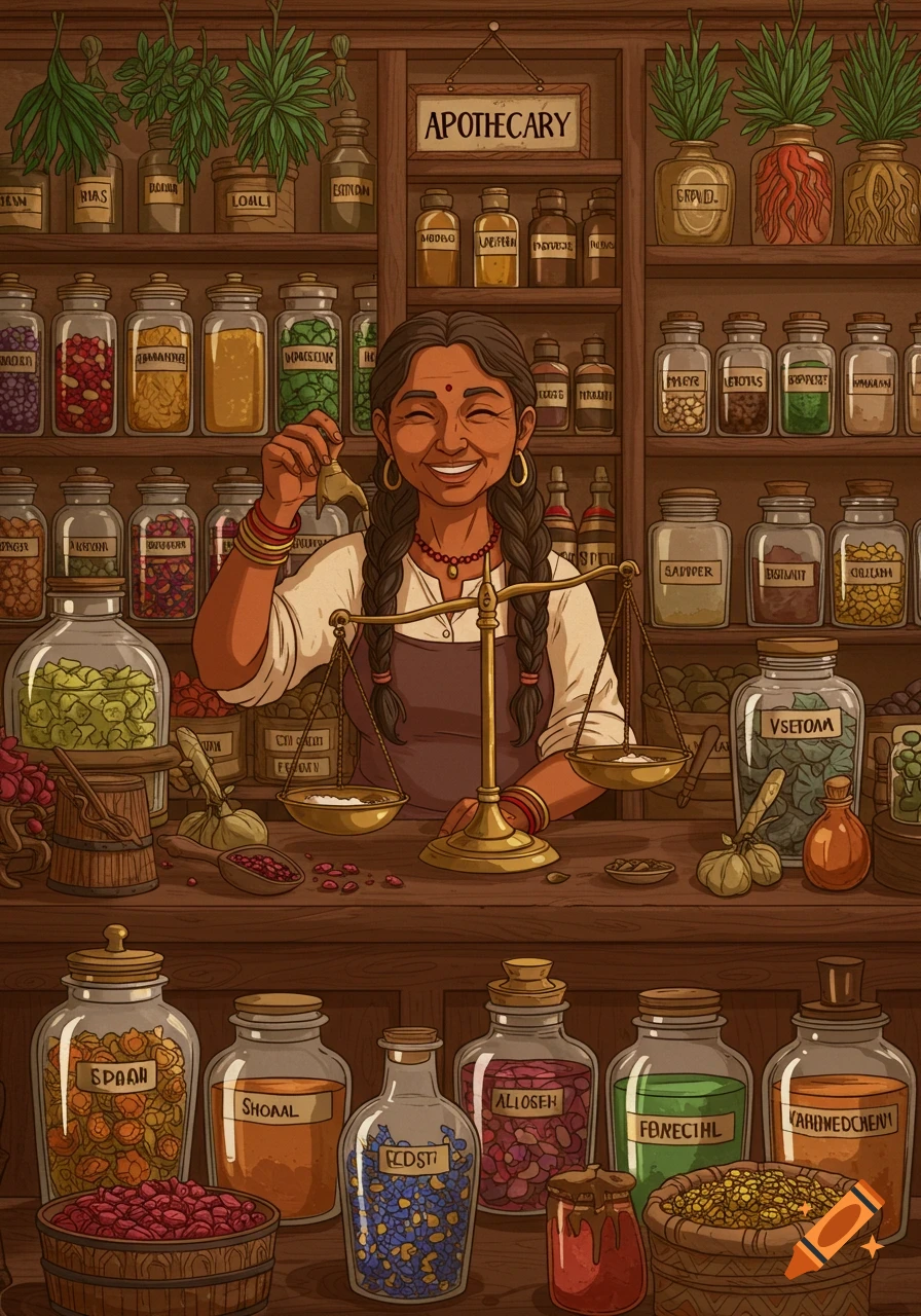 Illustrated scene of a smiling woman weighing ingredients behind the counter of a detailed apothecary shop filled with jars and bottles.