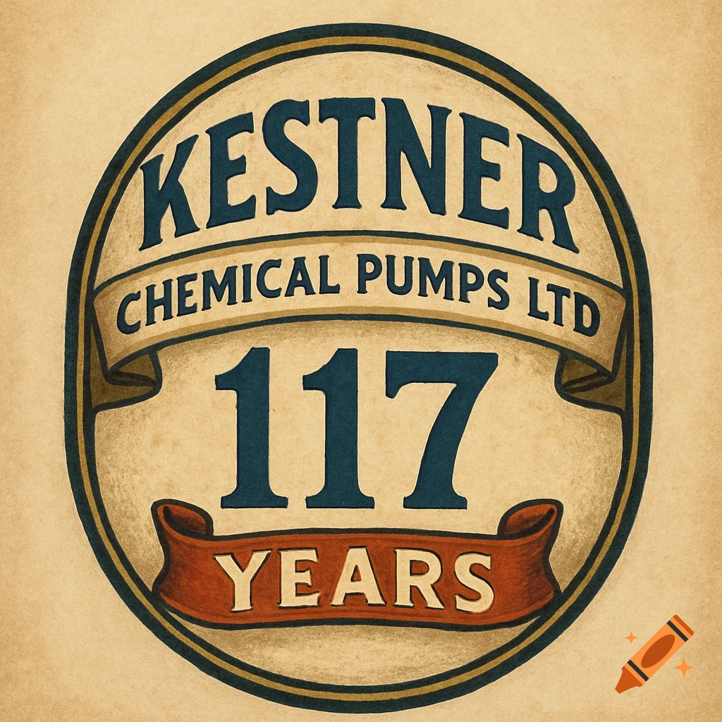 Vintage circular badge with the text Kestner Chemical Pumps Ltd, 117, and Years.