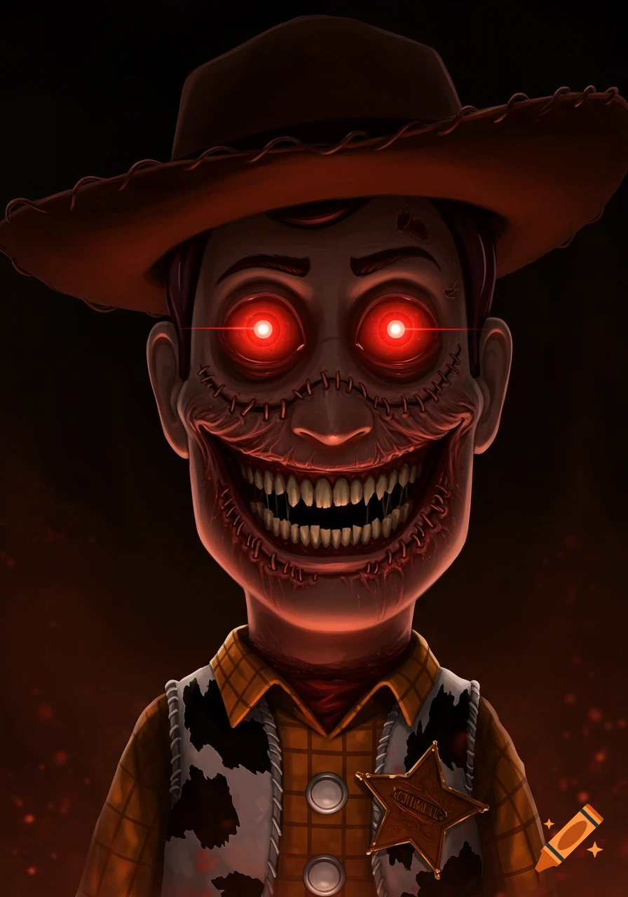Horror reimagining of Toy Story's Woody with glowing red eyes and a stitched grin.