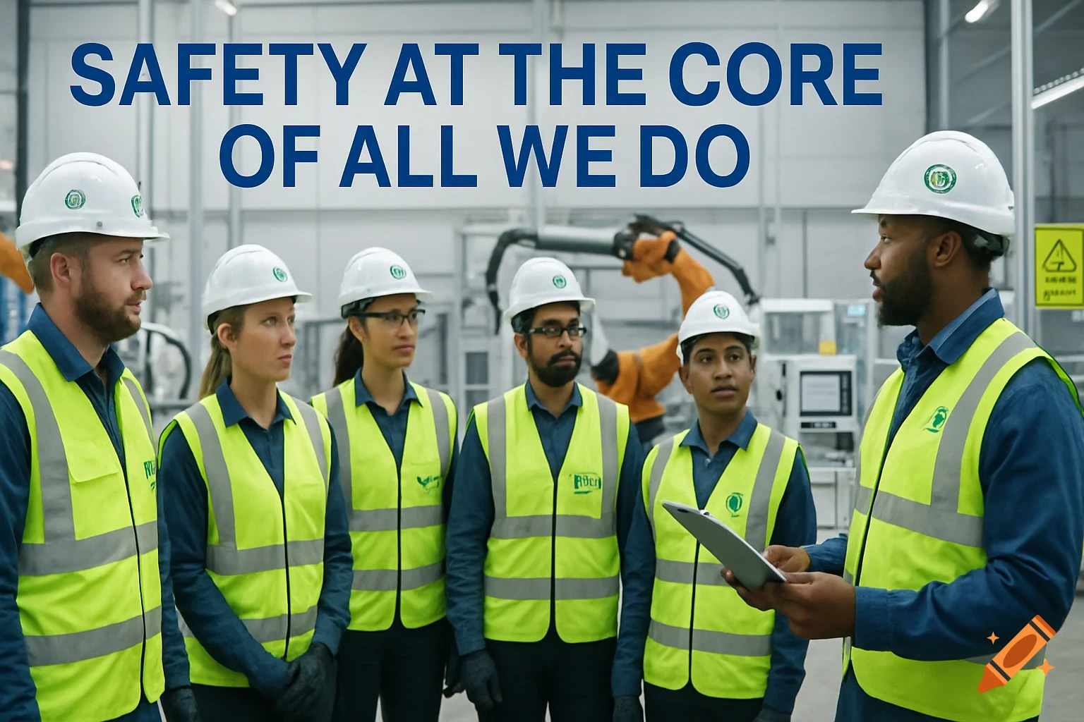 Diverse team of industrial workers in safety gear gathered in a factory with overlaid text: "Safety at the core of all we do"