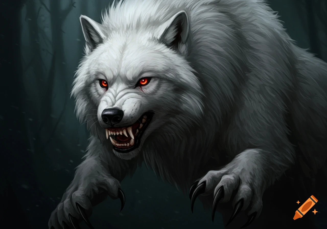 A white wolf-like creature with glowing red eyes, bared teeth, and sharp claws lunges from a dark forest.