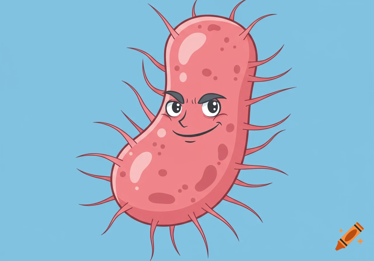 Cartoon bacterium with a smirking face on a blue background.