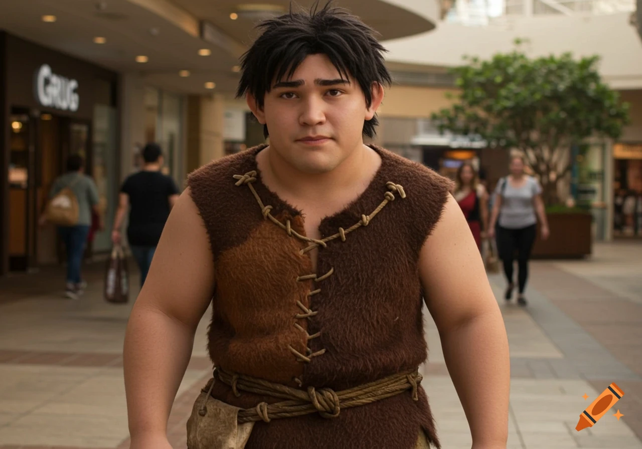 Person dressed as Grug Crood standing in a shopping mall.
