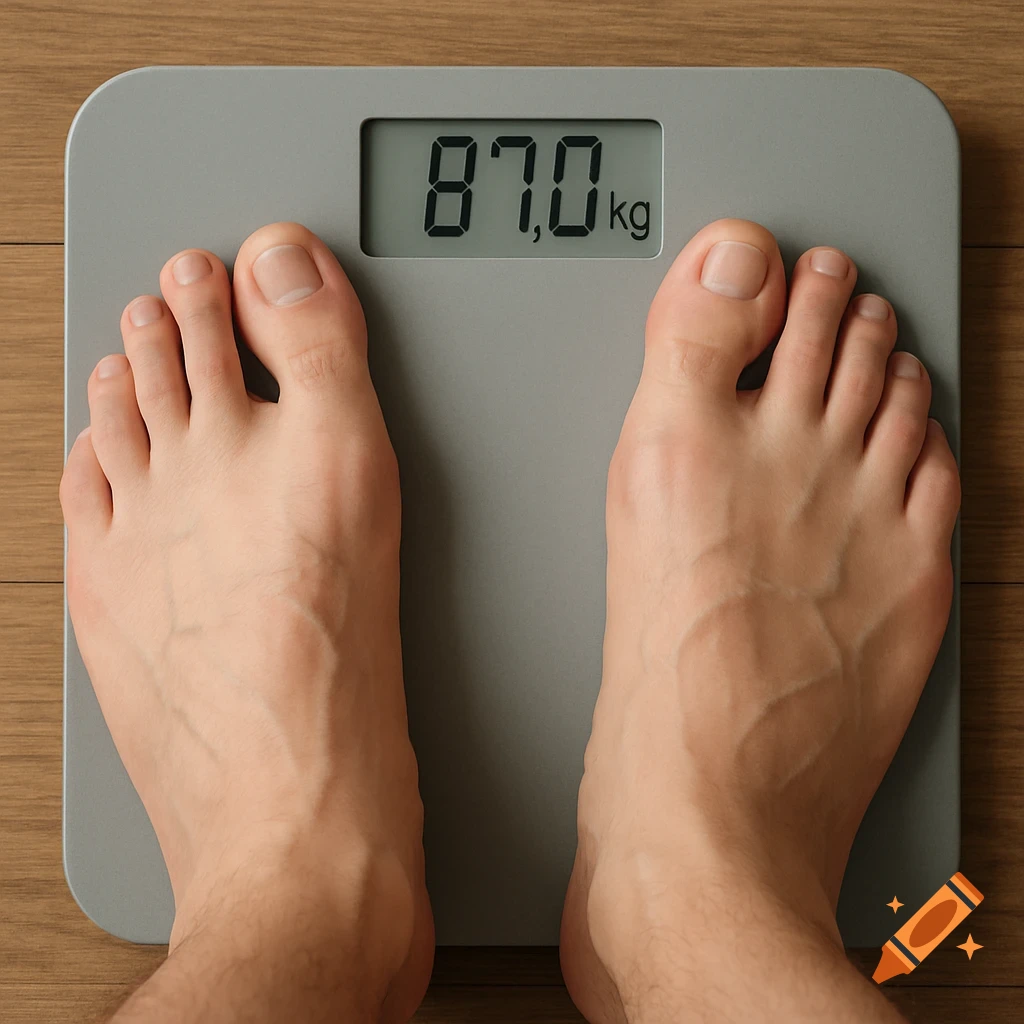 Bare feet on a digital scale showing 87.0kg.