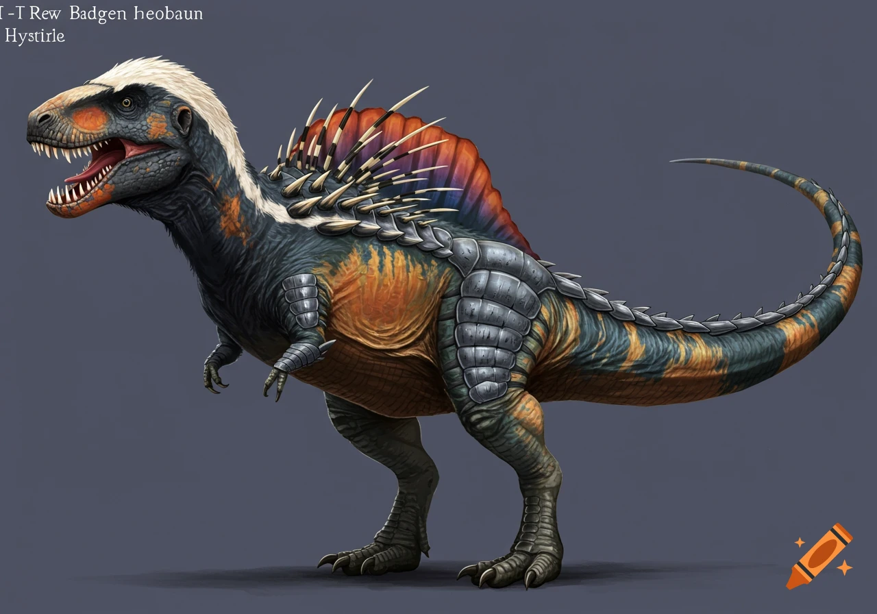 Illustration of a fantasy dinosaur with armor, spikes, and unique coloration.