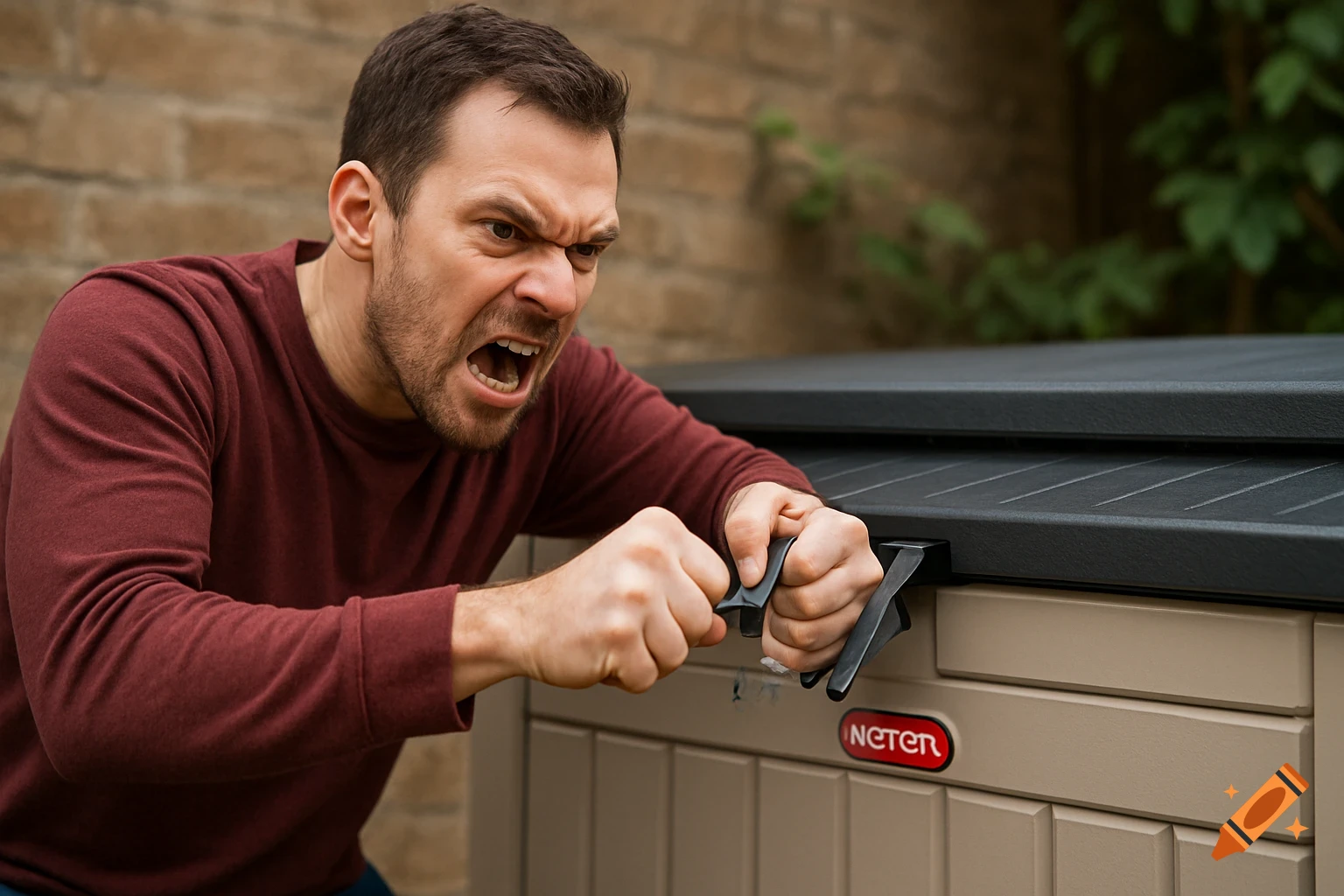 Angry man pulling at the handle of a storage box outdoors.