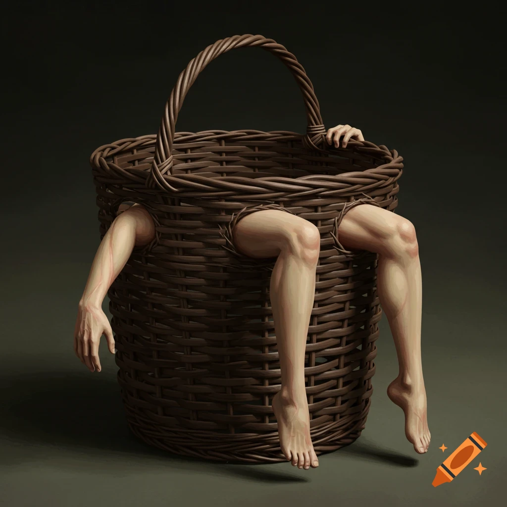 Human arms and legs protrude from a woven wicker basket.
