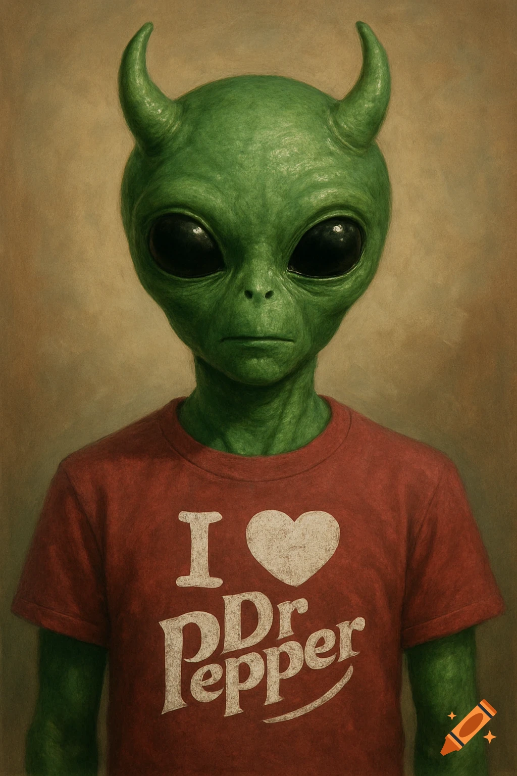 A green alien with horns wearing an "I heart Dr Pepper" t-shirt.