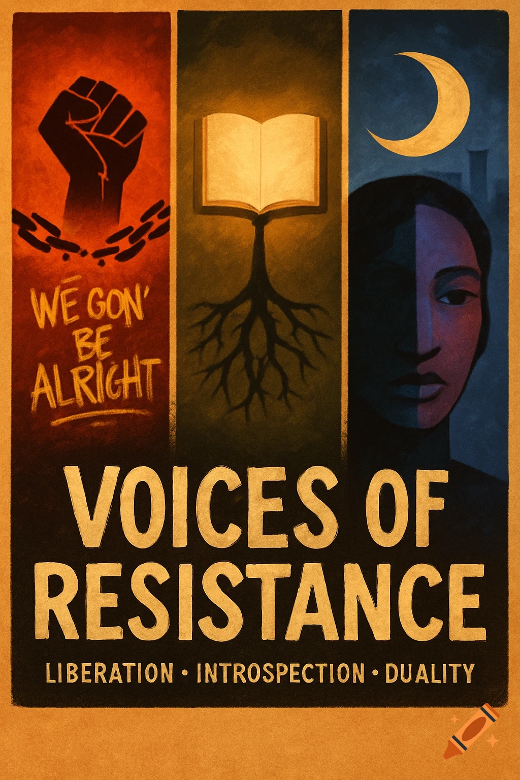 Three-panel poster: raised fist breaking chains, book with roots, split face under moon. Text: WE GON' BE ALRIGHT, VOICES OF RESISTANCE, LIBERATION INTROSPECTION DUALITY.