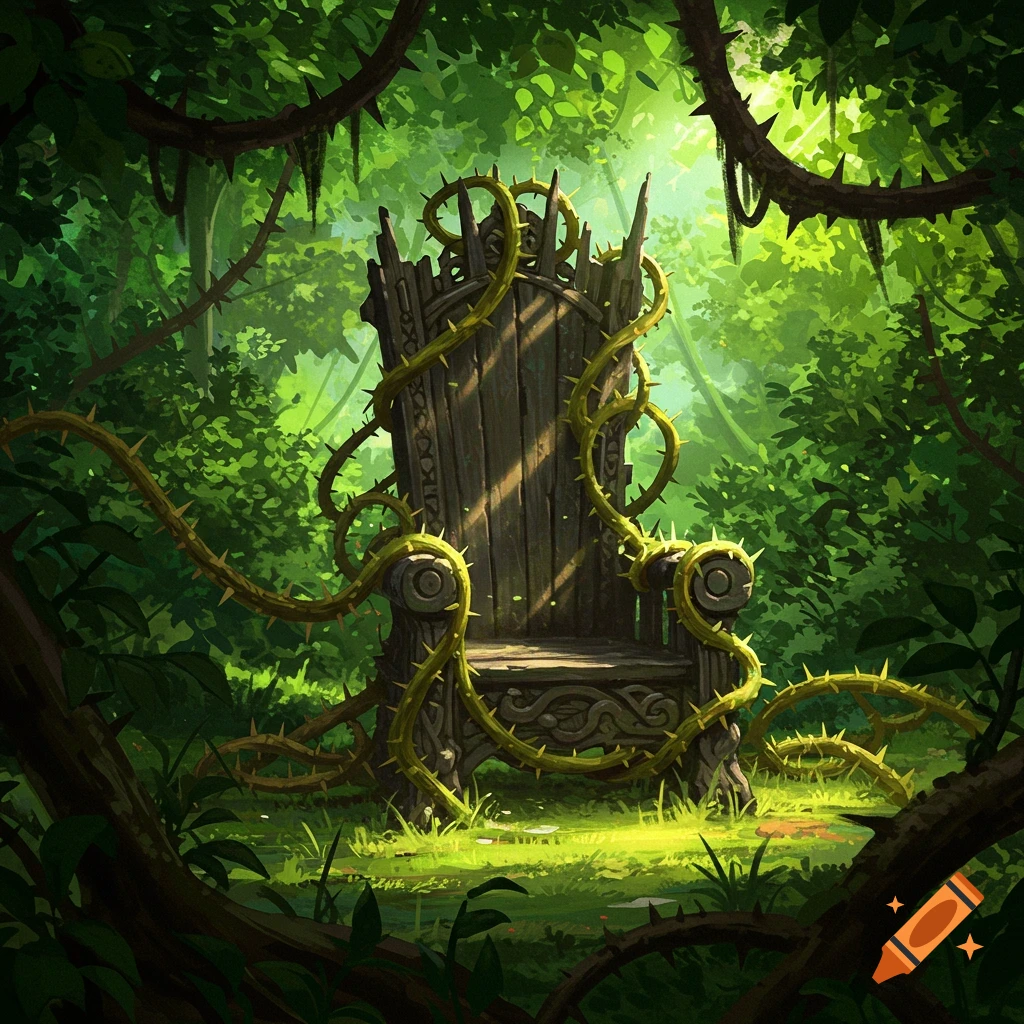 A wooden throne covered in thorny vines sits in a sunlit forest clearing. Digital illustration.