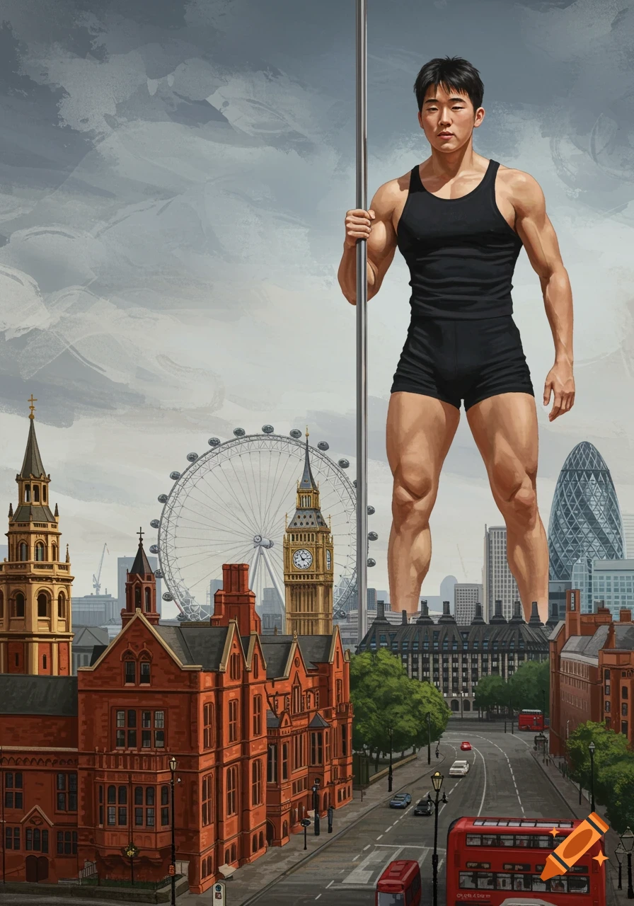 Giant bodybuilder towers over London cityscape in a painted style.