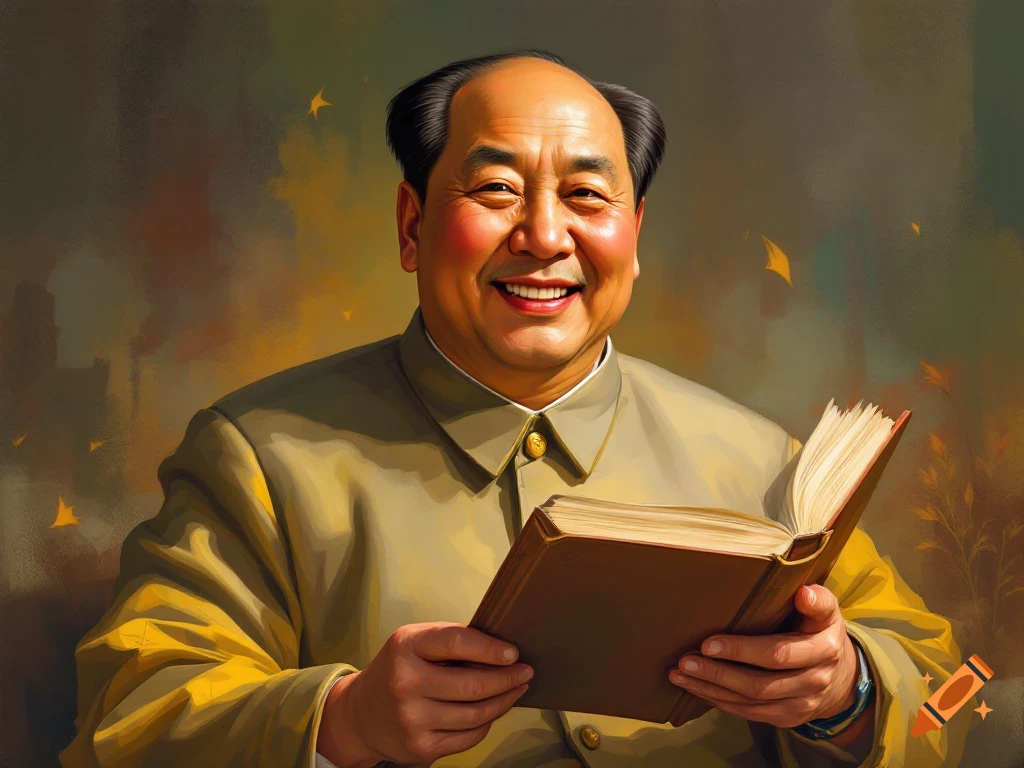Painting of Mao Zedong smiling and holding a book