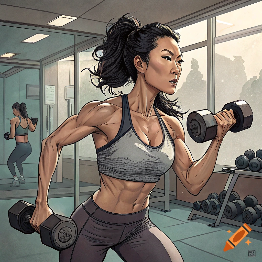 Muscular woman lifting dumbbells in a gym in a stylized art style.