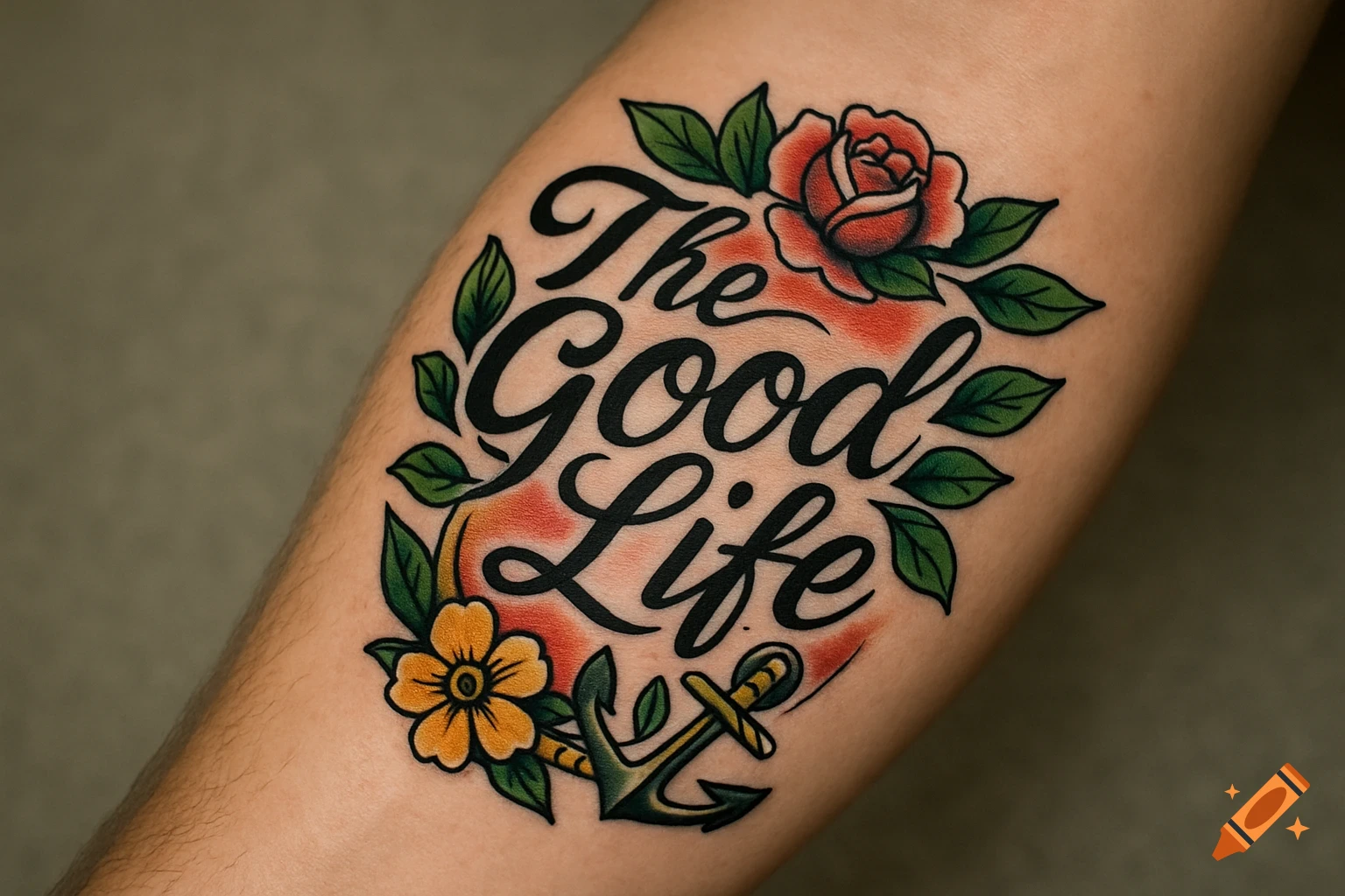 Traditional tattoo with 'The Good Life', flowers, and anchor on a forearm.