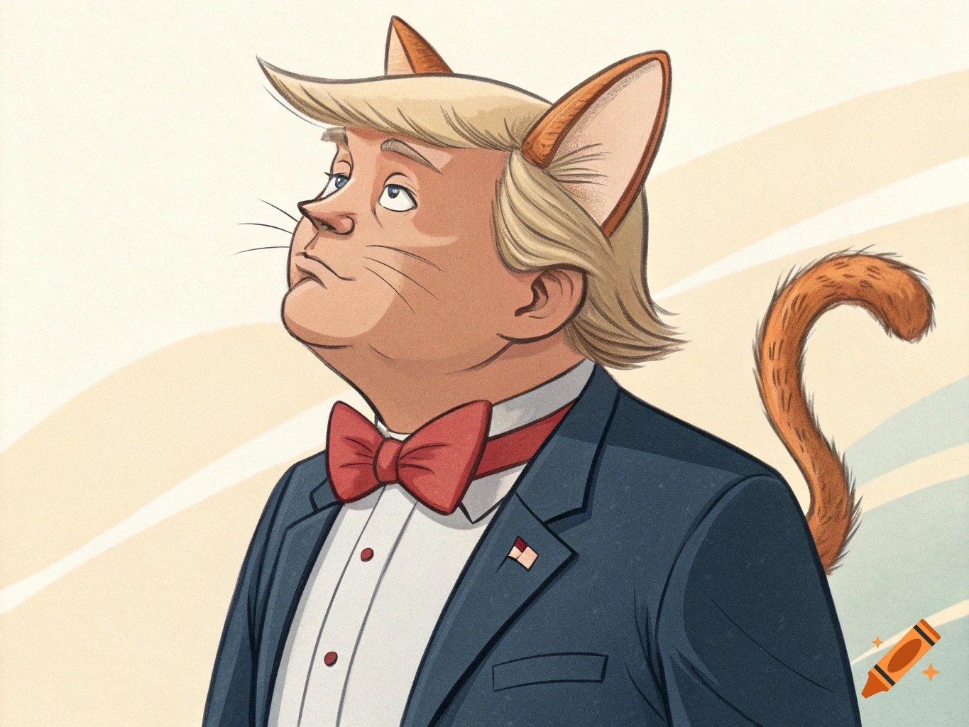 Cartoon of Donald Trump with cat ears and tail wearing a suit and bow tie