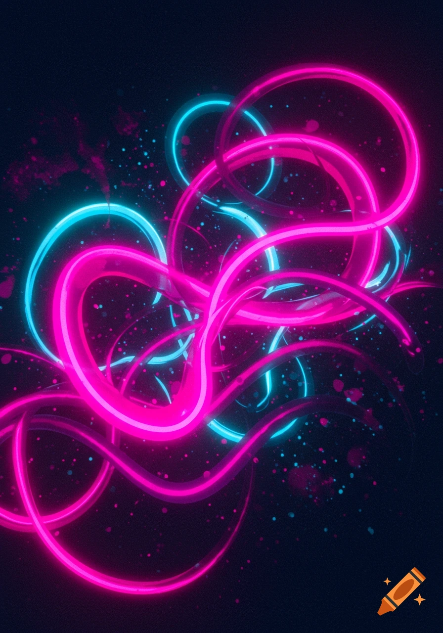 Abstract neon strands in pink, blue, and purple swirl against a dark background with speckles.