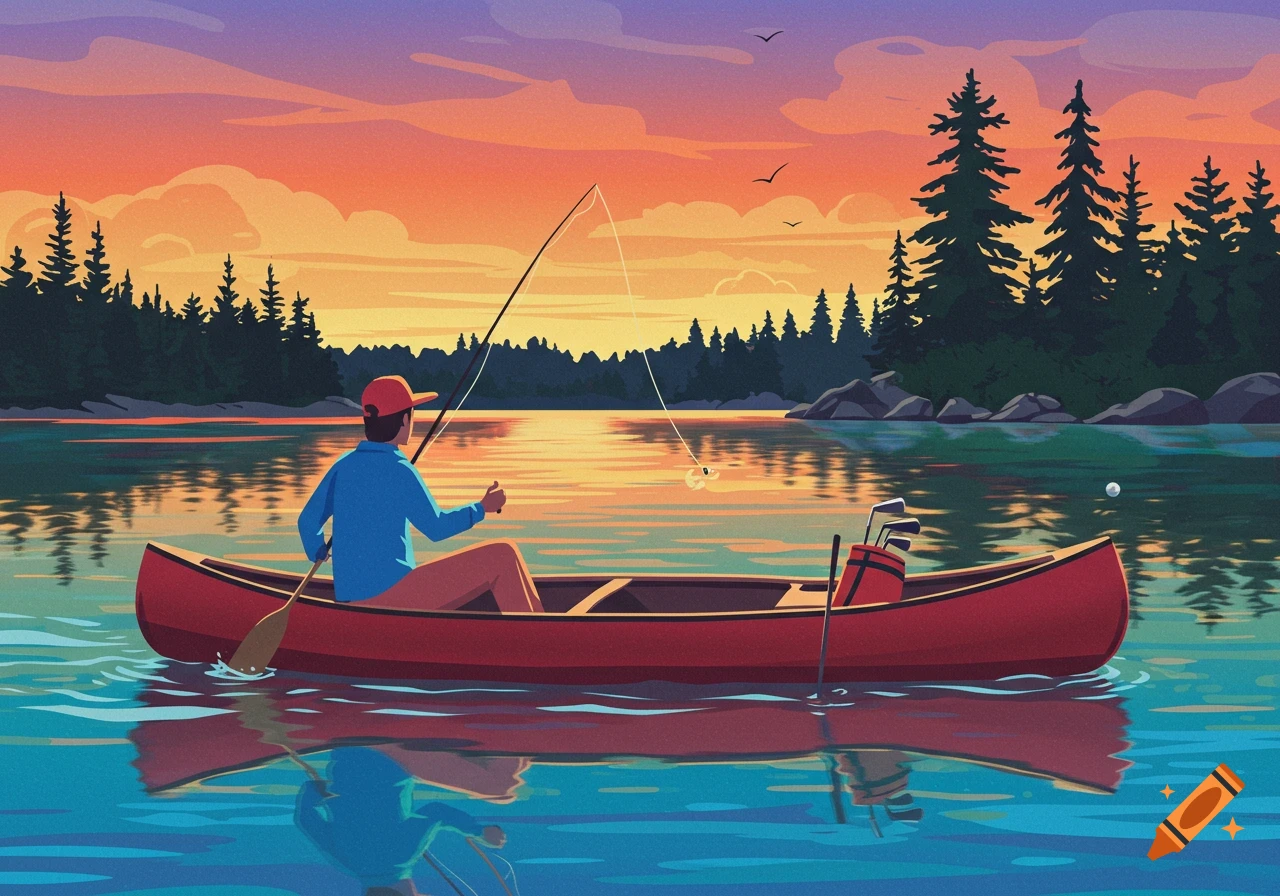A person fishes from a red canoe on a lake at sunset, with trees, mountains, and golf clubs visible.