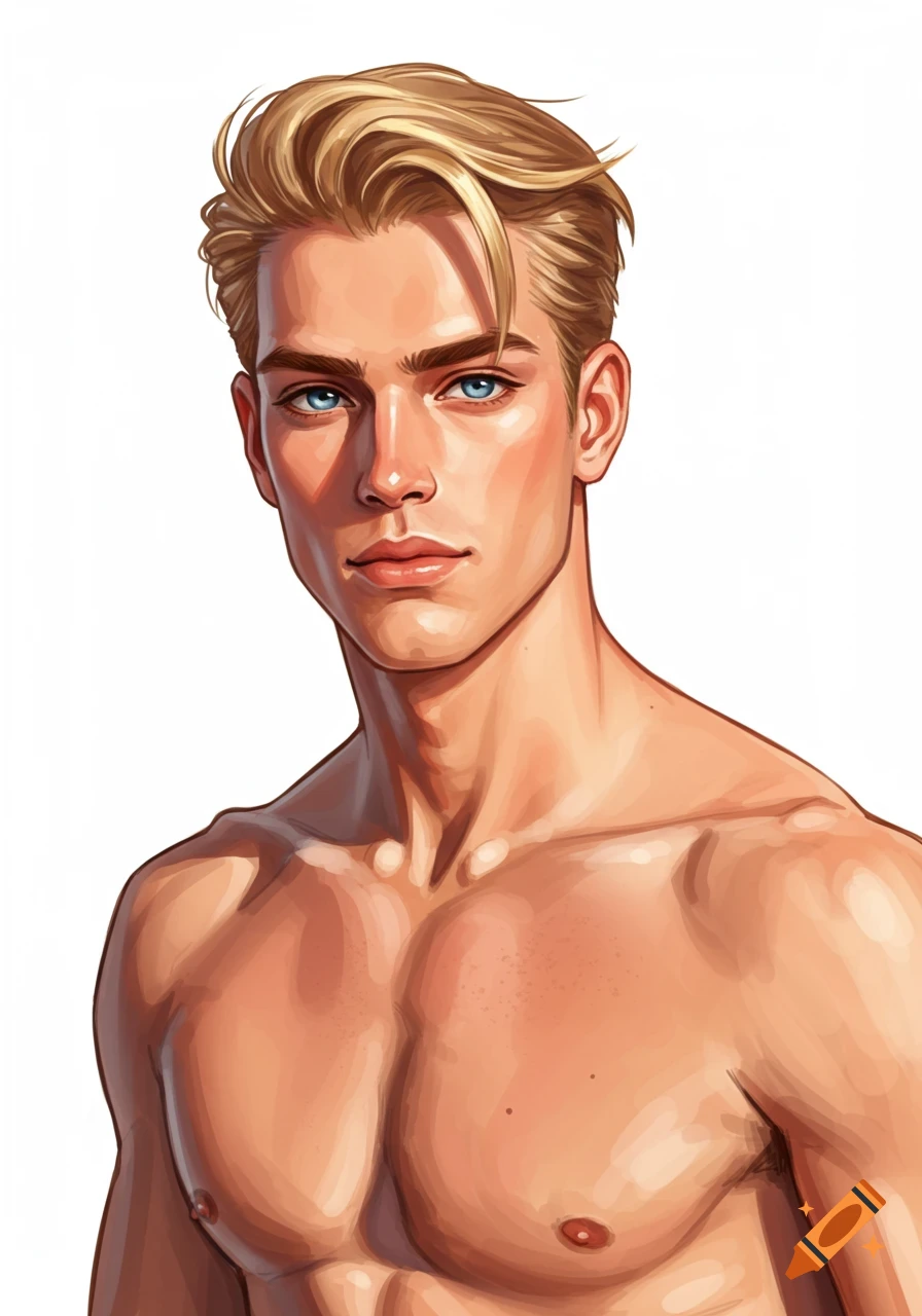 Drawing of a muscular blond man with blue eyes.