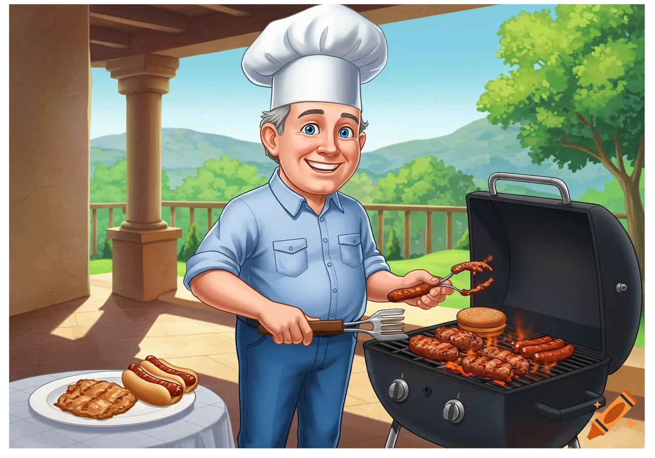 Cartoon of a happy man in a chef's hat grilling hot dogs and hamburgers on an outdoor patio.