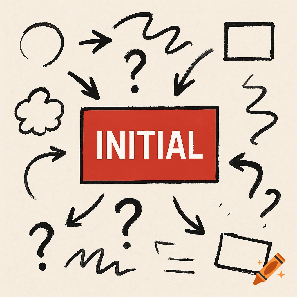Diagram with red box labeled INITIAL surrounded by arrows, question marks, squiggly lines, and shapes.