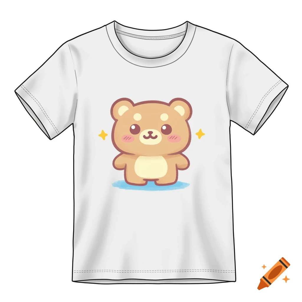 White t-shirt with a cute cartoon bear illustration on the front.
