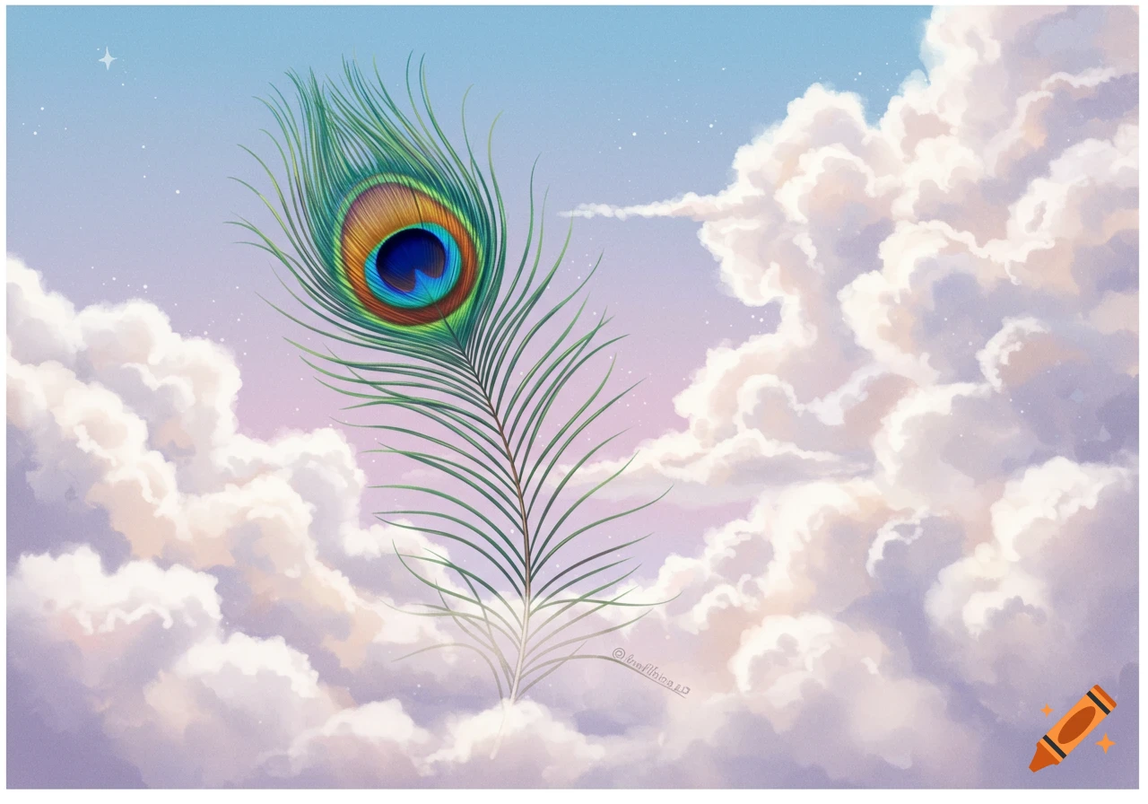 Digital illustration of a peacock feather floating among pastel clouds in a blue sky.